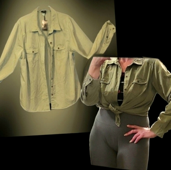 Torrid taupe olive green button up military long sleeve rayon blouse 1 NWT - Picture 1 of 17